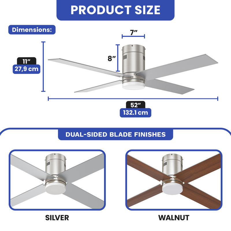 Ventilateur de plafond encastré moderne de 52 po avec éclairage DEL réglable et télécommande, Argent
