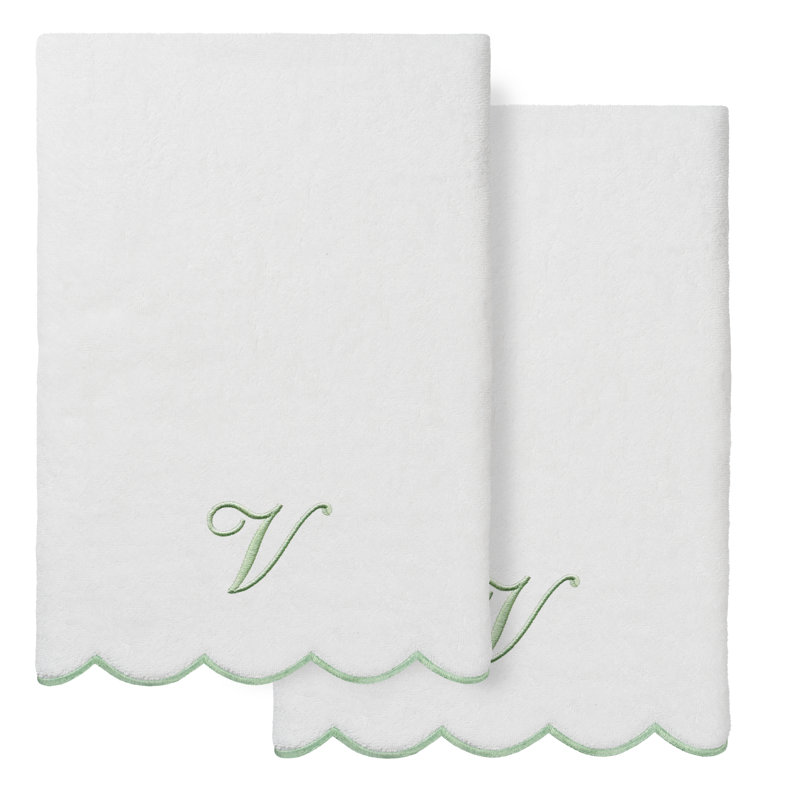 Ensemble de serviettes de bain personnalisées 100% coton turque 2 pièces Linum Home Textiles ADORNIA, V, Blanc/vert