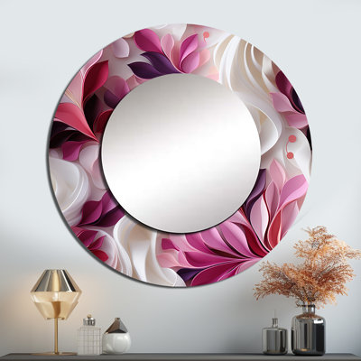 «Pink and White Abstract Waves Serenity - Abstract Unique Wall Mirror Decor, Modern Large Round Mirror, Art imprimé en métal