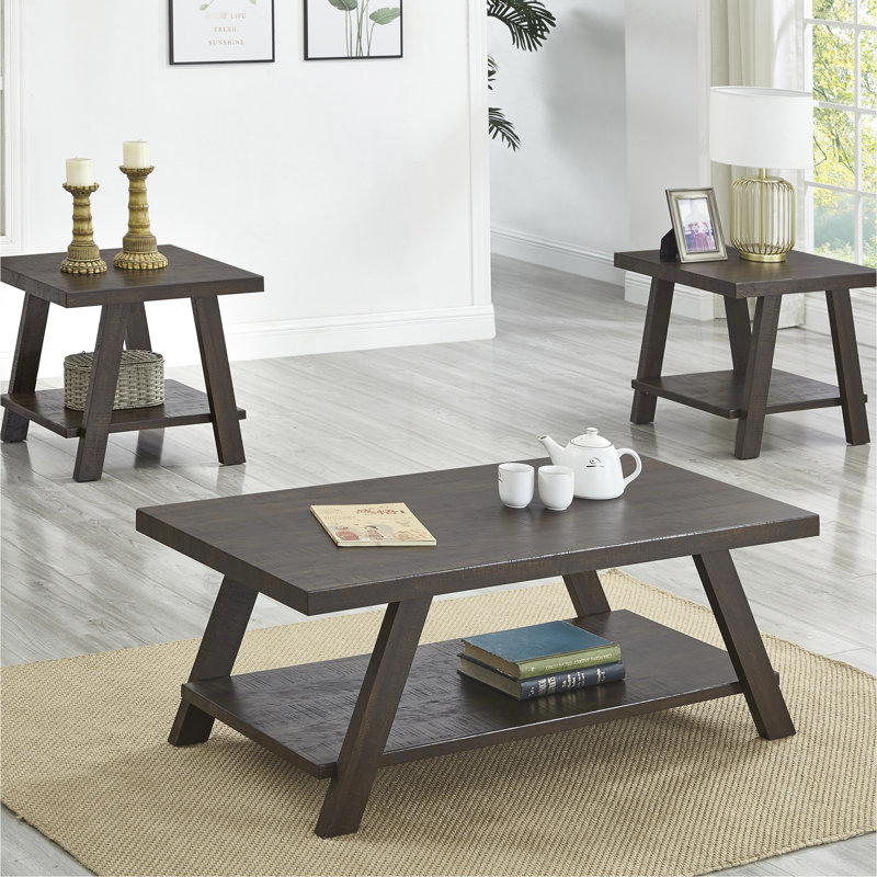 3 tables basses contemporaines en bois patiné - rectangulaire avec tablette supplémentaire pour l'espace de vie et l'espace de rangement