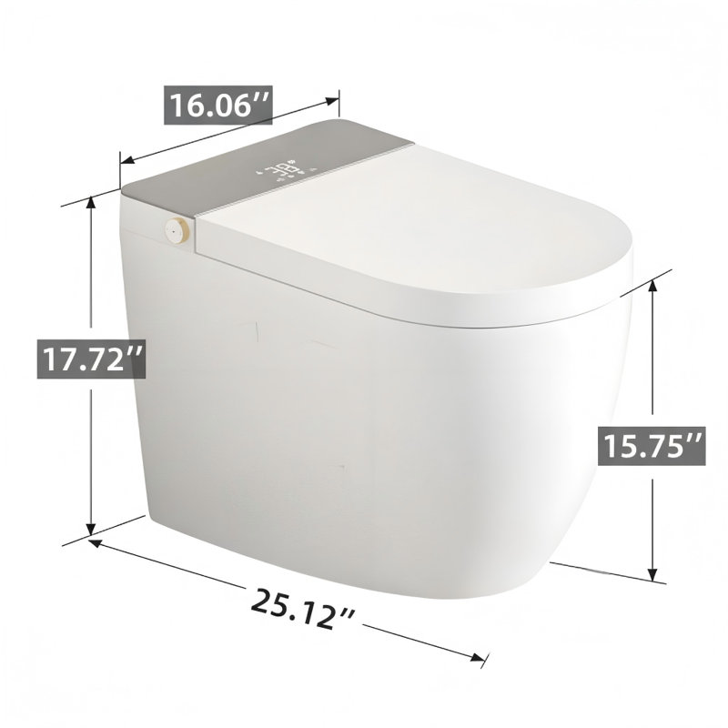 Toilette intelligente contemporaine à une pièce avec ouverture et fermeture automatique du couvercle, siège avec contrôle de la température, eau chaude immédiate pour le nettoyage, possibilité de chasse d'eau automatique et options de chasse d'eau à télécommande ou à capteur de pied.