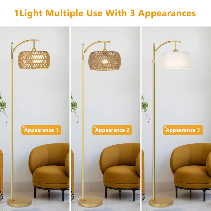 Arc floor lamp with fabric shade in 3 color temperatures, Gold