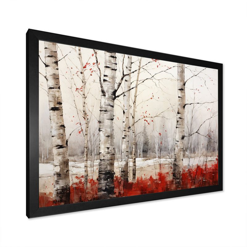 Impressions sur toile de bouleau blanc et rouge en hiver II, H 24 po x l 32 po x P 1 po, Cadre simple noir
