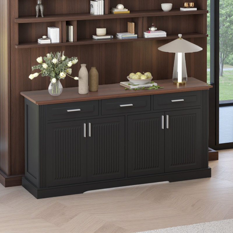 63" Fluted Sideboard Buffet Cabinet With Storage, Modern Coffee Bar Station With 4 Doors And 3 Drawers, Kitchen Storage Console Table
