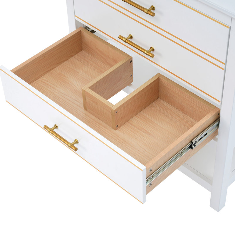 Armoire de salle de bain moderne 30 pouces - blanc, intérieur spacieux, espace ouvert, espace de rangement blanc avec détails or, options polyvalentes, détails