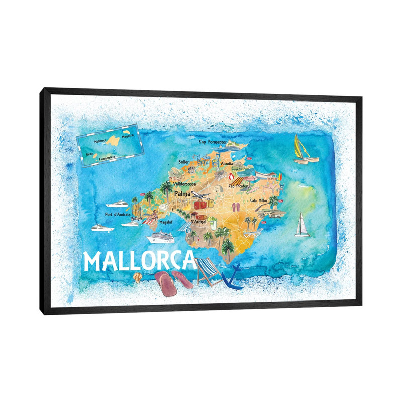 Mallorca Spain Illustrated Map with Landmarks and Highlights 1 Piece Painting on Canvas, 66.04cm H x 101.6cm W x 3.81cm D