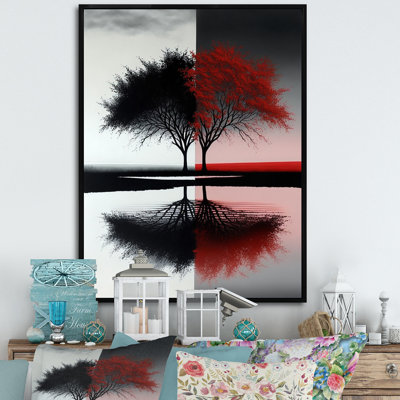 Red And Black Abstract Trees By The Lake - Forest Wall Art