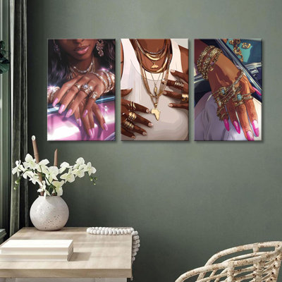 3Pcs Black Girls Wall Art African American Fashion Canvas Print Luxury Shiny Picture Gold Jewelry Decorative Prints Posters Bedroom Living Room Salon Artwork 12X16inch