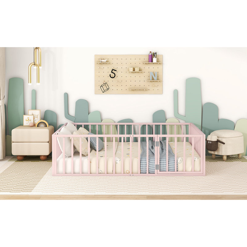 Metal Floor Bed Frame With Fence And Door, Queen, Pink