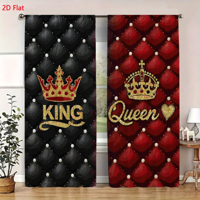2 Piece Luxury King And Queen Crown Print Curtains Red And Black Quilted Texture Pattern Window Drapes Modern Bedroom Living Room Decor Soft Fabric Panel Set