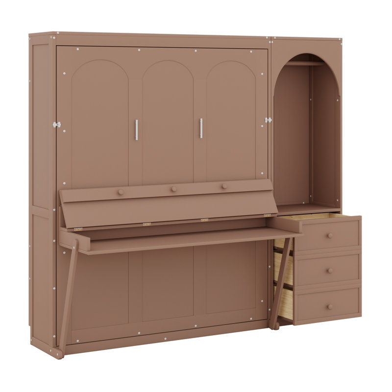 Lit escamotable classique avec 3 tiroirs, tablette de rangement et tringle pour garde-robe, Brun