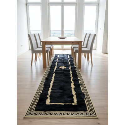 Black Tuscan Runner Rug Gold Line Accents, Natural Fur Texture, Non-Slip Backing, Custom Sizes Available