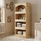 Elegant Bathroom Linen Cabinet With Hidden Drawers & Open Shelving