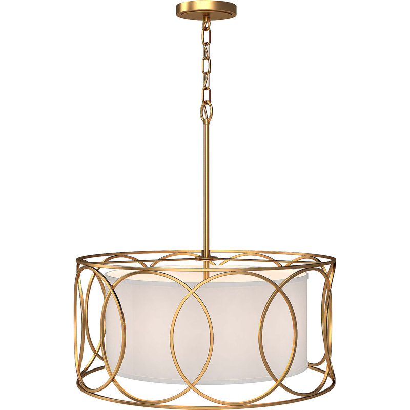 Lustre tambour 4 lumières en or antique avec abat-jour en tissu blanc et anneaux dorés