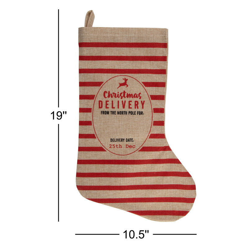 19" Beige and Red Striped "Christmas Delivery" Stocking With Loop