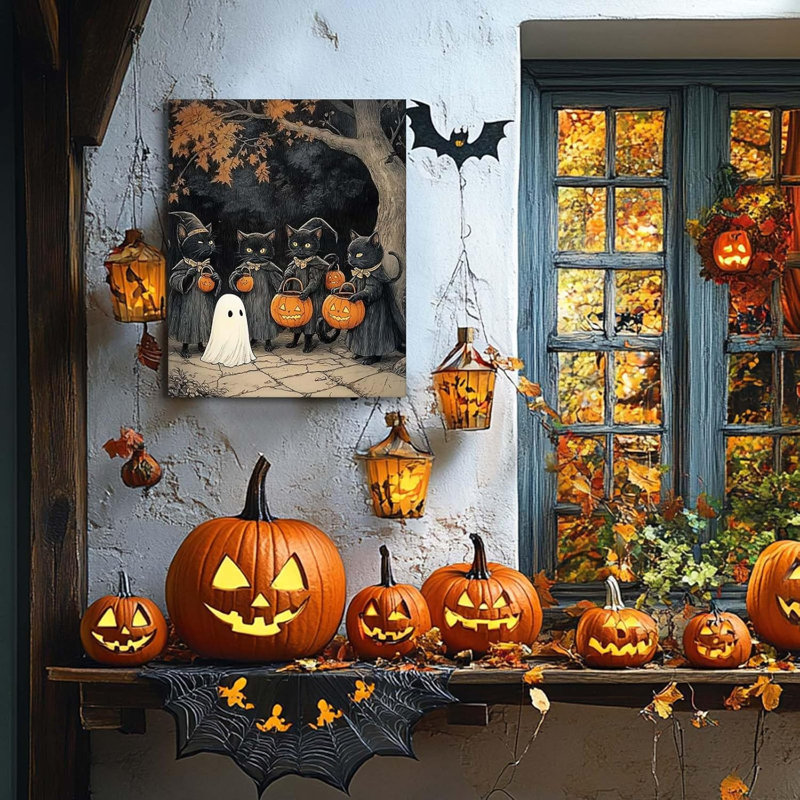  Décoration d'Halloween fantôme mignon avec chat noir et citrouille d'Halloween, H 10 po x l 8 po