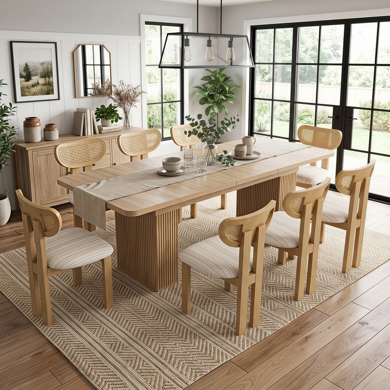 Patsy Dining Set, 9 Pieces: Table, 8 Chairs, Beige