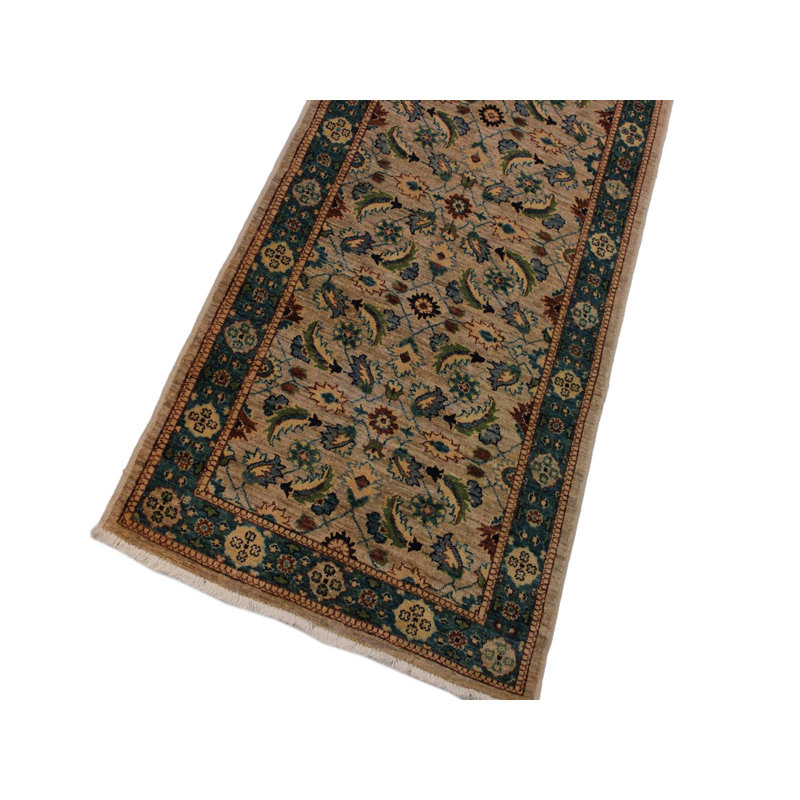 Tapis vert / beige en laine noué à la main 2 pi 11 po x 14 pi 9 po Grigori