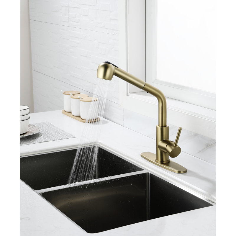 Single Pull-Out Faucet With Dual Spray In Spot Gold Stainless Steel For Utility Sink, High Nozzle 360 Rotation, Easy To Control Water Flow, Corrosion Surface And Spray, Rotating Nozzle, Dirt