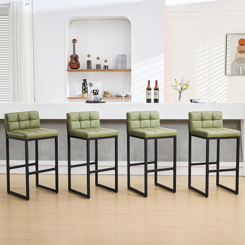 Tabouret de bar rembourré à dossier bas avec structure en métal épaissie pour îlot de cuisine, Vert, 4