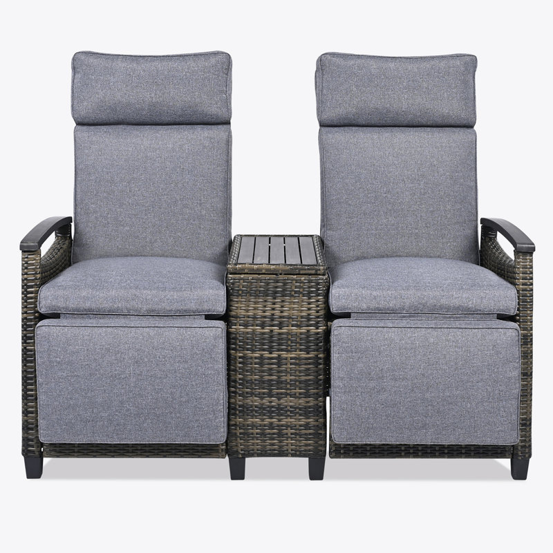 Recliner Loveseat Chair, Adjustable Backrest Wicker Outdoor Lounge Chair Set with Acacia Wood Armrests and Built-in Storage Table for Balcony, Porch, Lawn