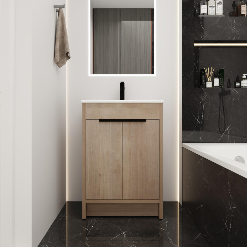 Meuble-lavabo de salle de bain avec lavabo en céramique, Blanc, Chêne clair uni, 24"