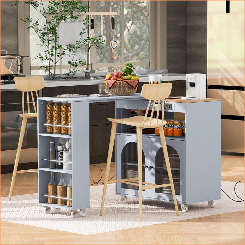 Îlot de cuisine sur roulettes avec table allongée, lumières DEL, rangement et amp; Prises de courant, gris | Panneau de fibres à densité moyenne | Moderne