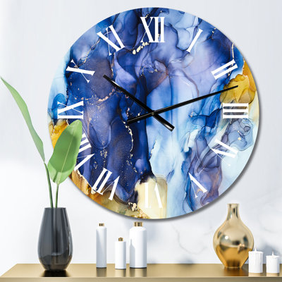 Horloge murale moderne bleue avec art abstrait fluide de luxe III