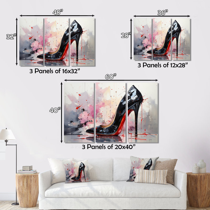 «Fashion High Red and Black High Heels Silhouette» sur toile, 3 pièces, H 40 po x l 60 po x P 1 po