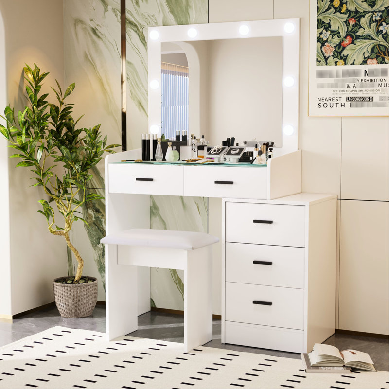 Armoire de rangement moderne avec miroir à DEL et tiroir de rangement blanc mat