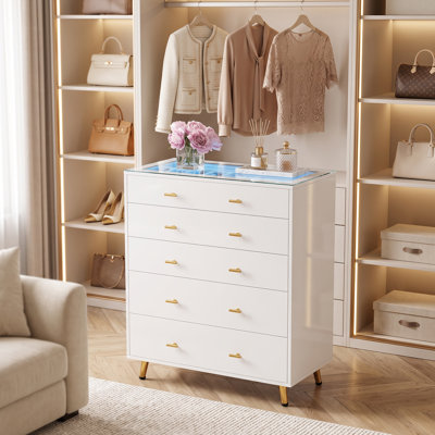 39"H Tall Drawer Dresser with Tempered Glass Top & Jewelry Organizer, White Chest of Drawers For Bedroom & Wardrobe Closet Island with LED Light