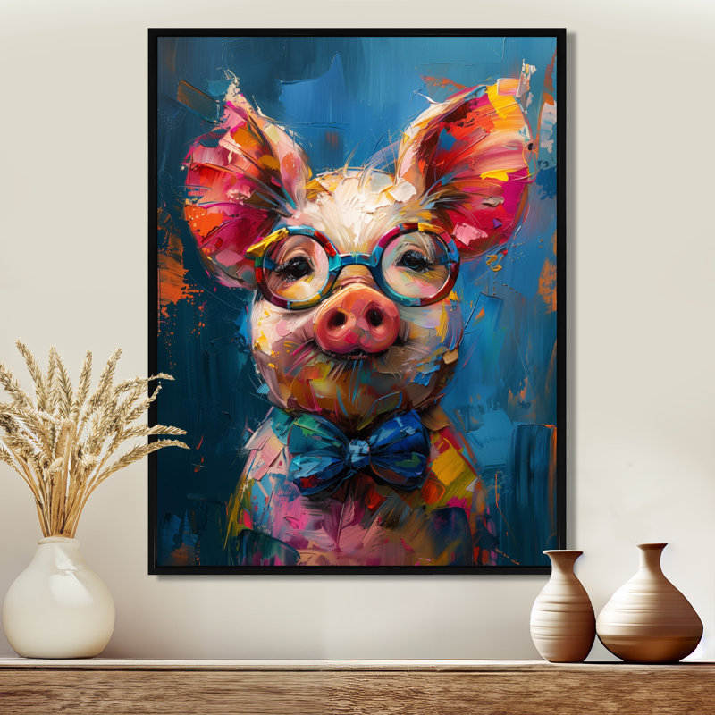 Curieux portrait de cochon bleu et rose, Toile avec cadre flottant noir, H 32 po x l 16 po x P 1 po