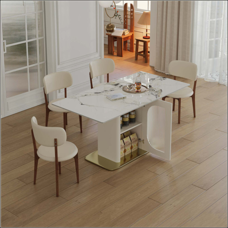 Ensemble de table de salle à manger moderne pour 4 à 6 personnes avec rangement, plateau en pierre brûlée et base en bois massif, comprenant 4 chaises en polyuréthane pour la cuisine et les appartements