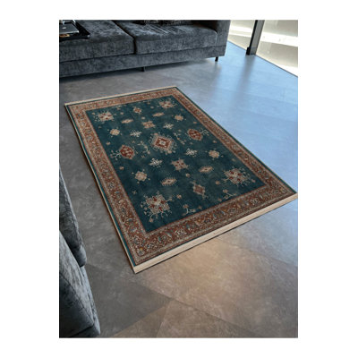 Dark Toned Green Beige Themed Traditional Patterned Vintage Decorative Rug Machine Washable
