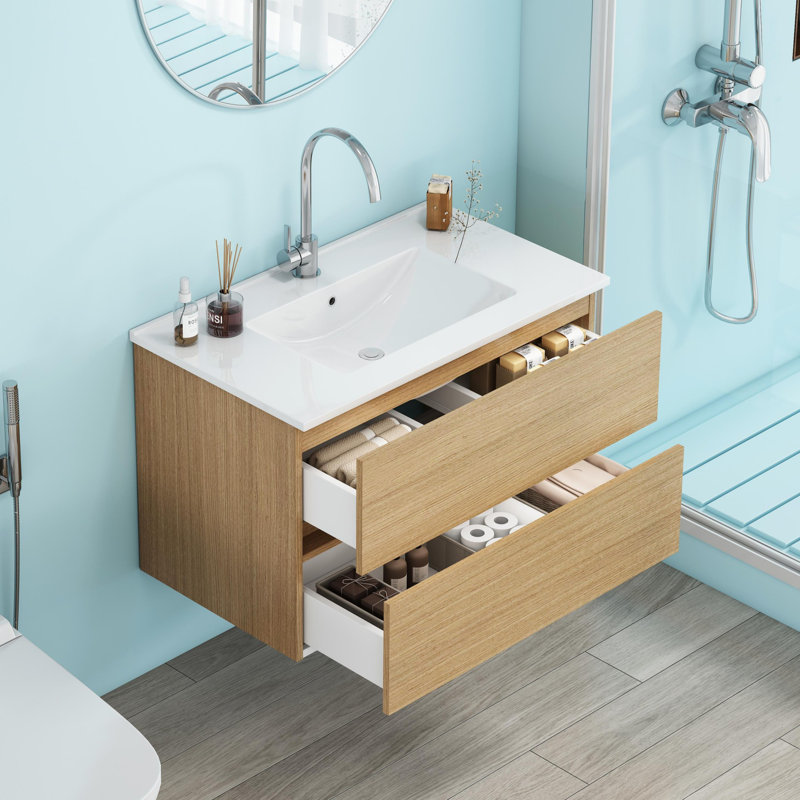 32-Inch Wall-Mounted Bathroom Vanity, Wood