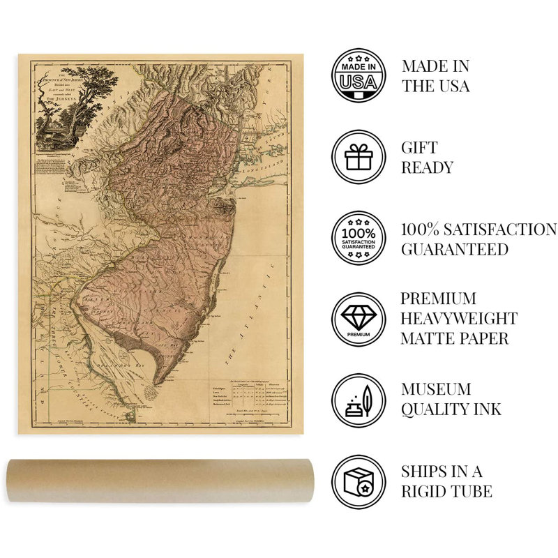 1777 New Jersey Map, affiche d'art mural, H 36 po x l 24 po x P 0,1 po