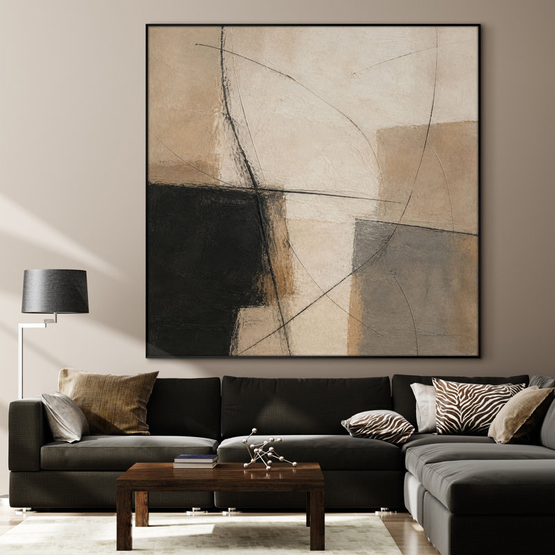 Très grand art mural imprimé sur tissu - Composition abstraite géométrique avec des accents noirs et beiges pour le salon ou la chambre à coucher - «Assemblage requis du cadre (cadre non fini)»