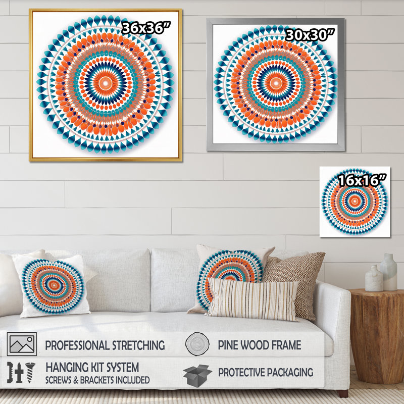 Exquis mandala en rétro bleu et orange sur toile, Cadre flottant noir, H 24 po x l 24 po x P 1 po