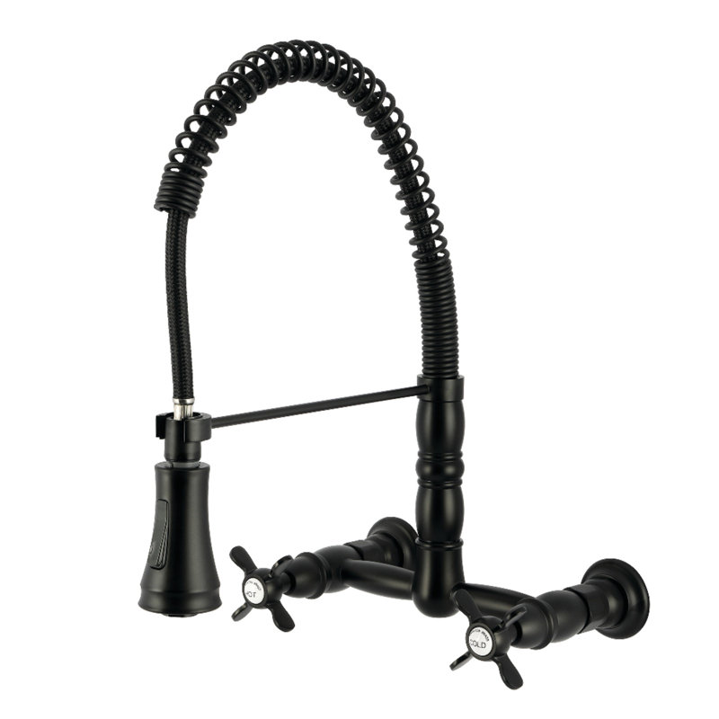 Kingston Brass Essex Double-Handle 2-Hole Wall-Mount Pre-Rinse Bridge Kitchen Faucet, Matte Black