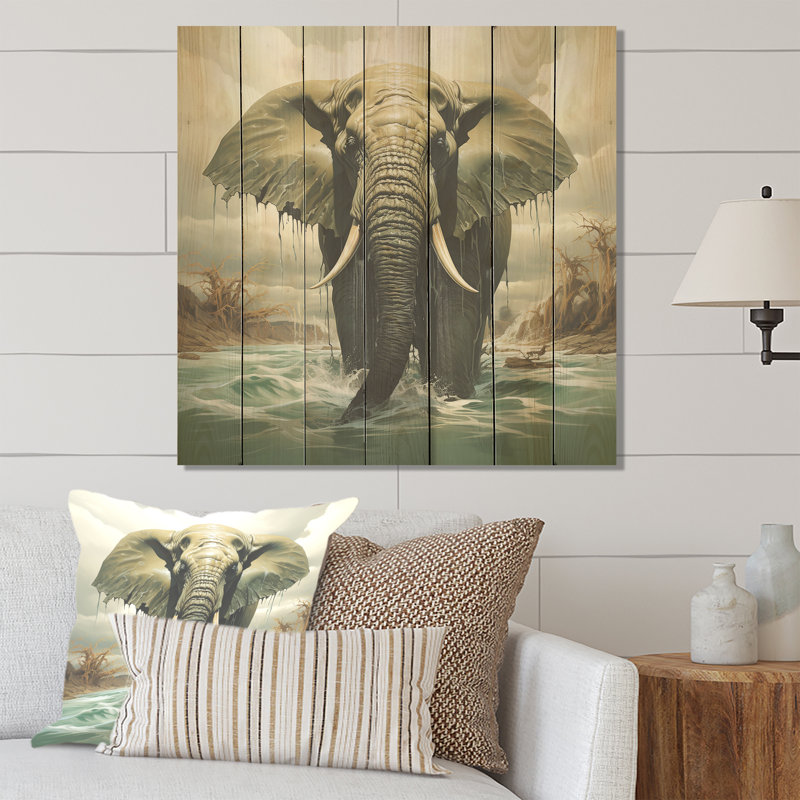 Éléphant gris, paysage de rêve - animal éléphant sur bois, H 15 po x l 15 po