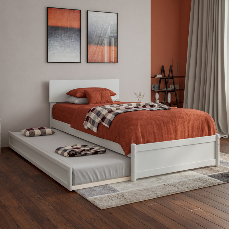 Lit plateforme en bois massif avec lit gigogne Lamecia, Blanc, Simple TG
