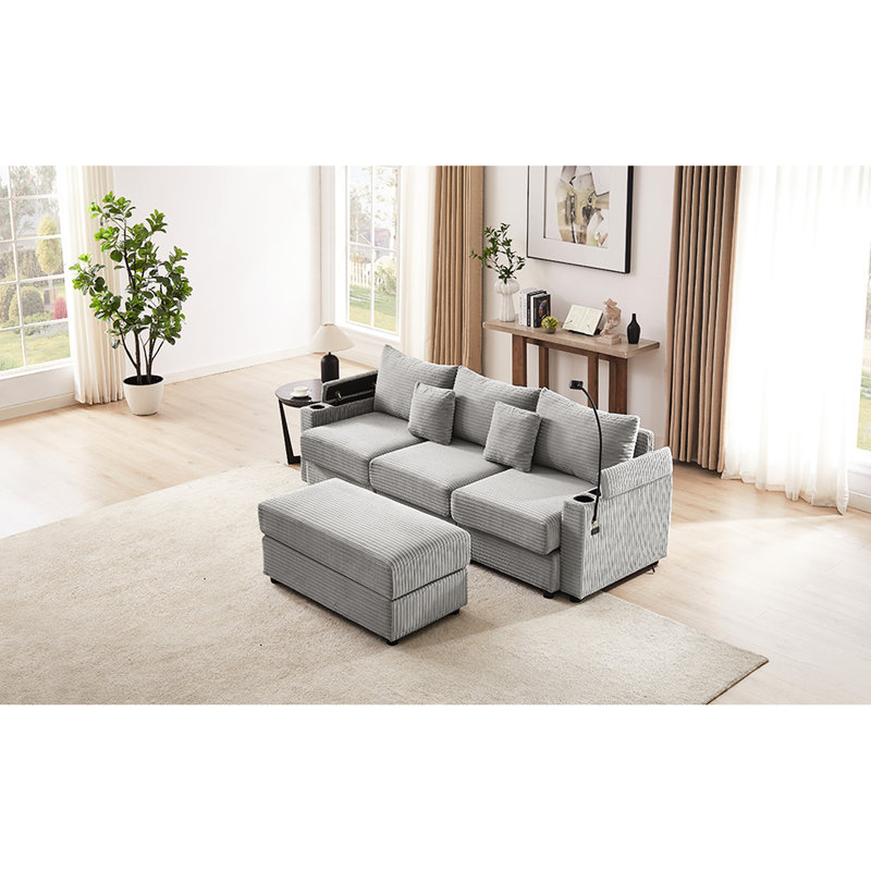 Canapé modulaire gris 95,3 po avec deux portes, porte-gobelets et rangement pour une ambiance détendue