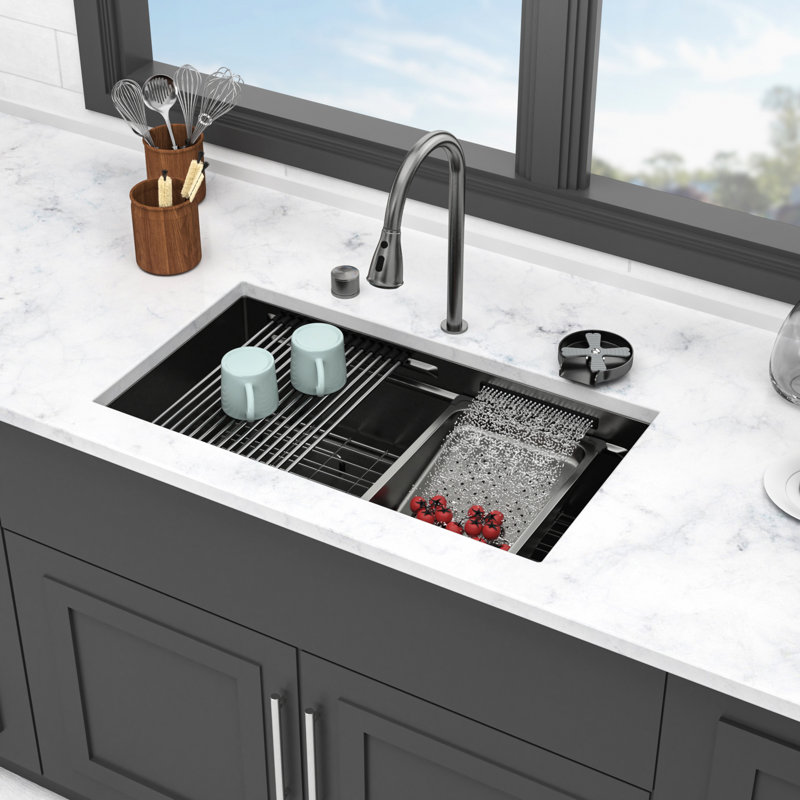 Évier de cuisine 33 x 16,97 à cuve simple encastrable 10 po, noir acier, acier inoxydable de calibre 16 avec guide d'eau en forme de X et rebord à double cascade d'insonorisation pour plus d'efficacité