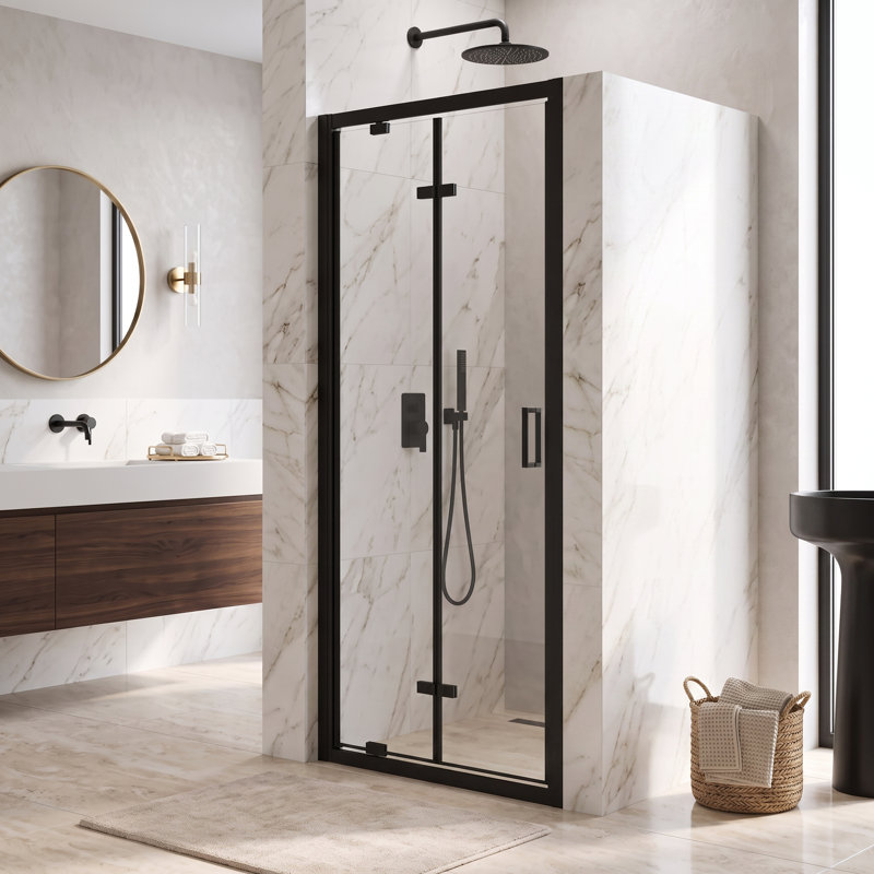 Porte de douche à cadre pivotant en aluminium noir mat l 30 po x H 72 po, boîtier en verre trempé transparent de 1/4 po avec poignée en acier inoxydable, installation réversible.