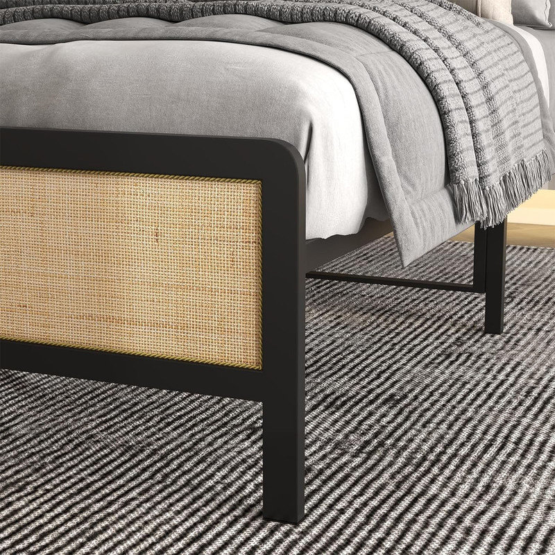 Queen Size Bed Frame With Rattan Headboard And Footboard Platform Bed Frame With Under Bed Storage&Safe Rounded Corners No Box Spring Needed Wood Slat Support Easy Assembly