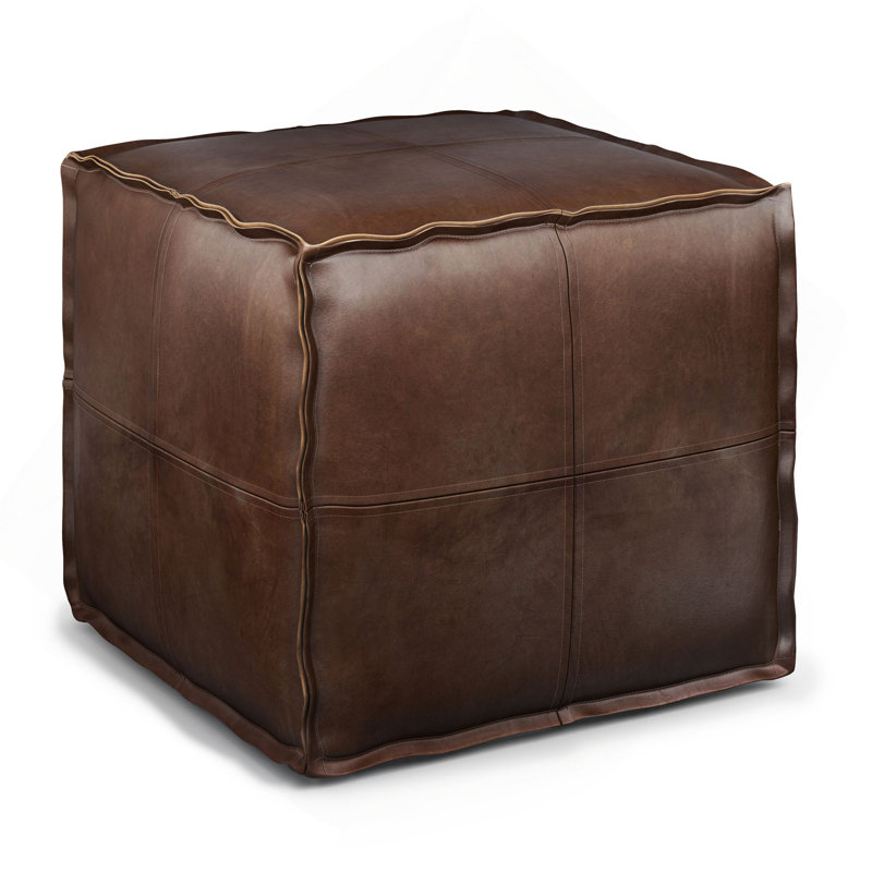 Square Pouf Ottoman in Faux Leather, Dark Brown