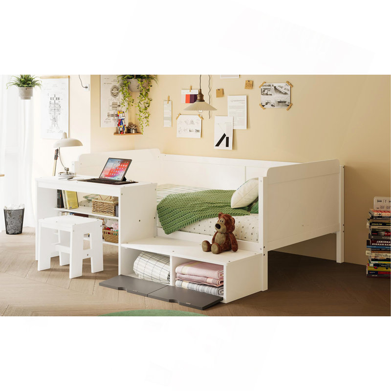 Lit de jour simple en bois avec tablettes de rangement et casiers, lit multifonctionnel avec bureau d'étude et tabouret assorti