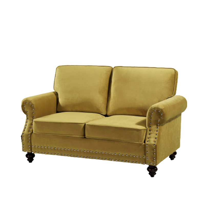 Canapé en velours Traditional avec détails cloutés et pieds en bois massif, Velours jaune