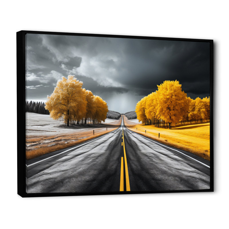 " Road Through Yellow White Forest II ", 12" H x 20" W x 1" D, Black Floater Framed