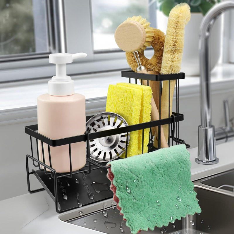 Organisateur de chariot d'évier avec porte-éponge et brosse, rangement pour distributeur de savon auto-drainant, organisateur de comptoir de cuisine et de salle de bain antirouille, noir